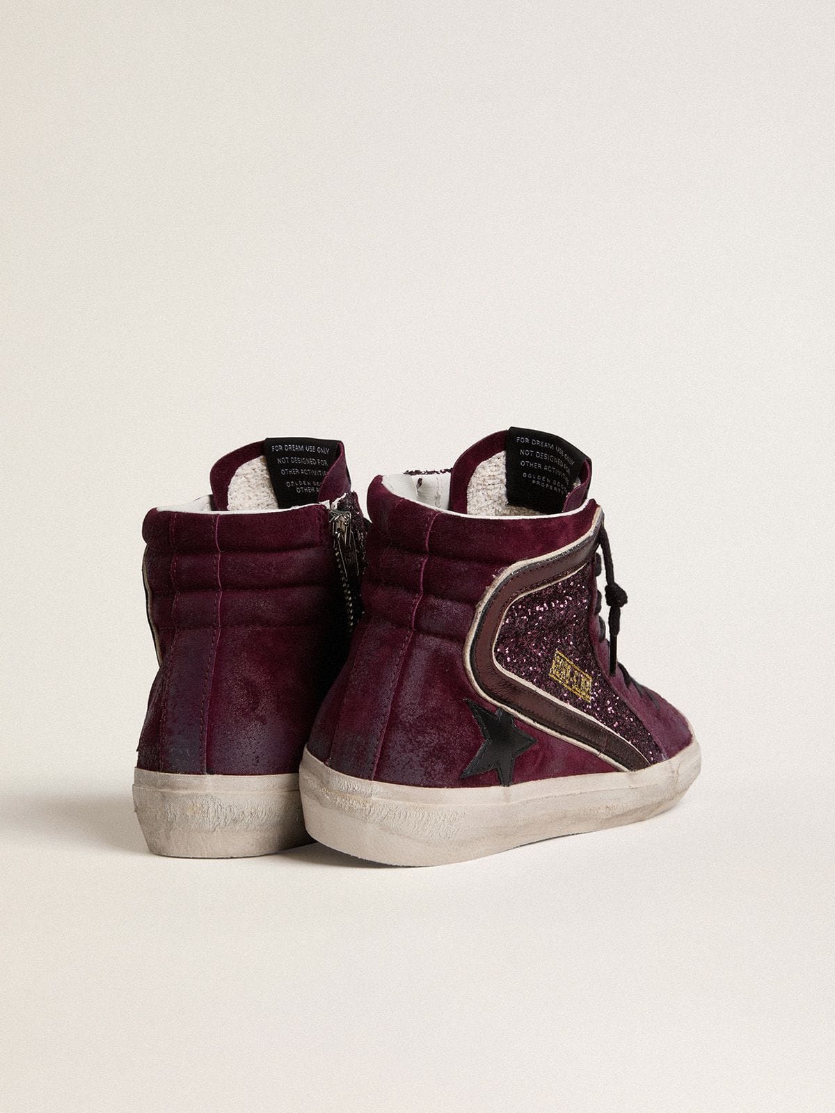 Women's Slide in black cherry glitter and suede with leather star and metallic leather flash | Golden Goose