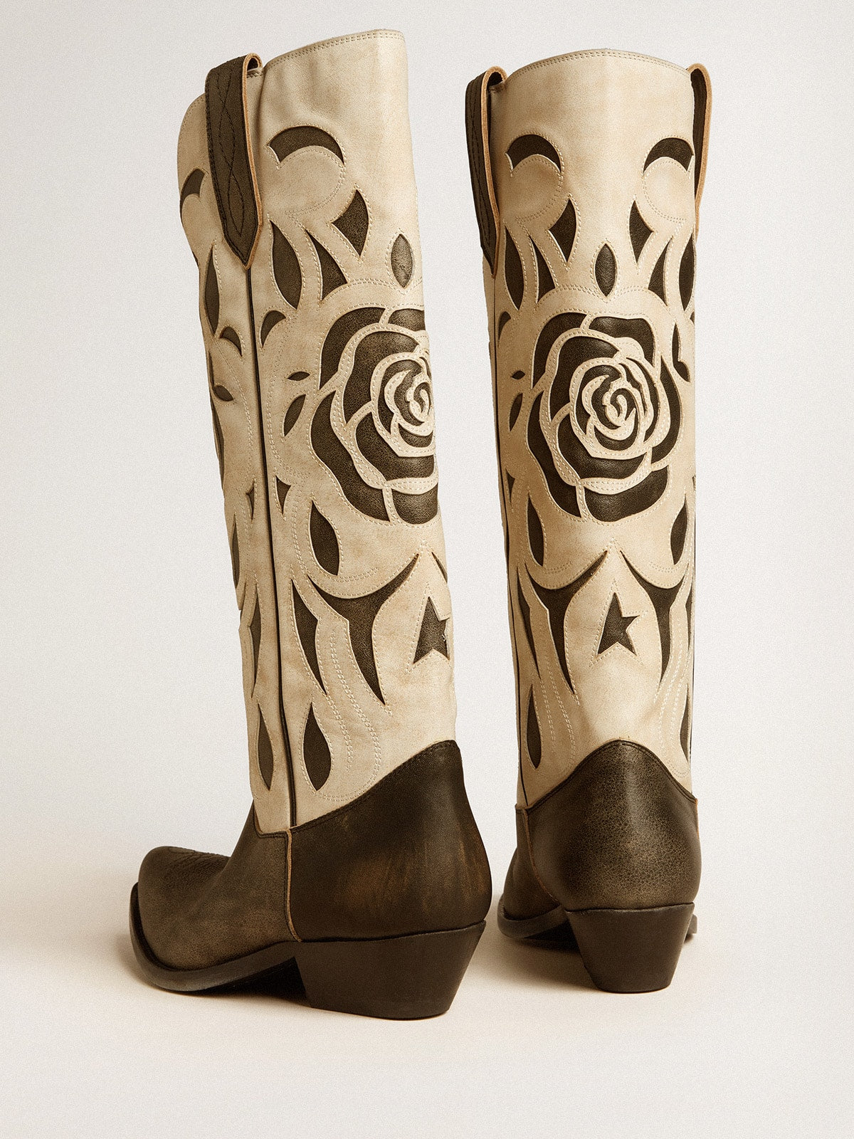 Wish Star boots in black and white leather with inlay rose and star | Golden Goose