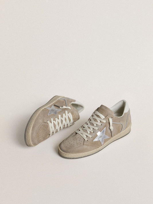 Women's Ball Star LTD in beige suede with silver metallic leather star and white leather heel tab | Golden Goose