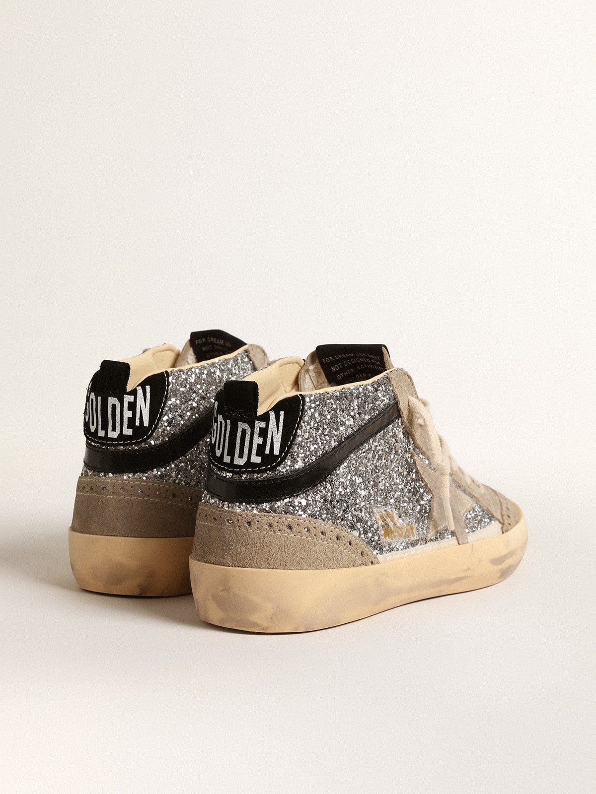 Mid Star in silver glitter with suede star and black flash | Golden Goose