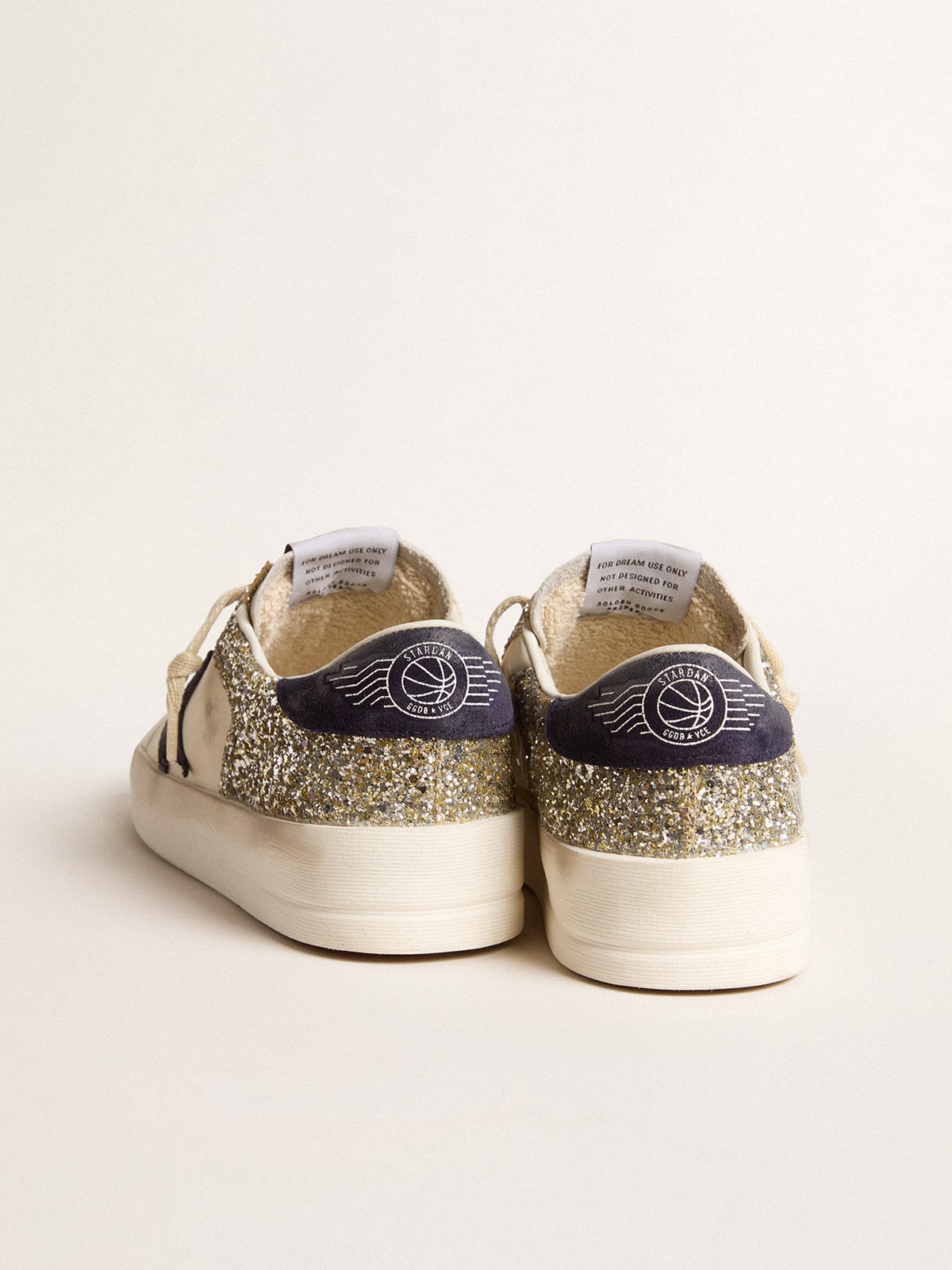 Women's Stardan in platinum glitter with dark blue suede star and heel tab | Golden Goose