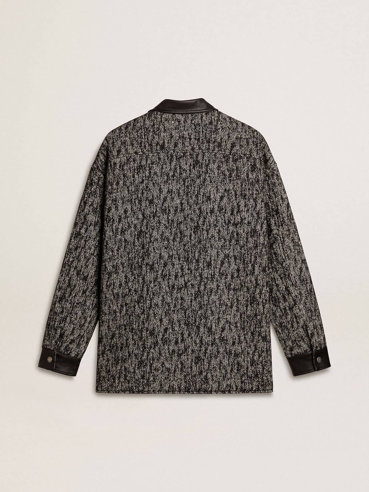 Gray herringbone jacket with black leather details | Golden Goose