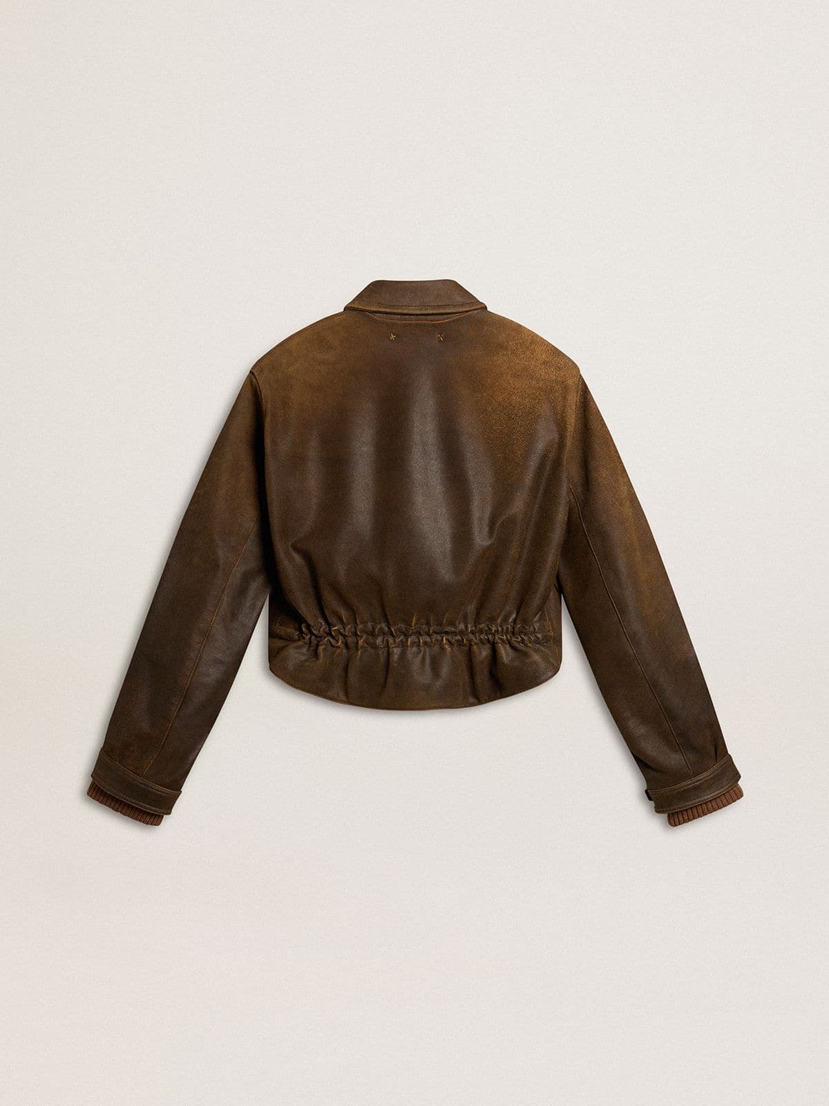 Women’s cropped brown leather biker jacket with zip | Golden Goose