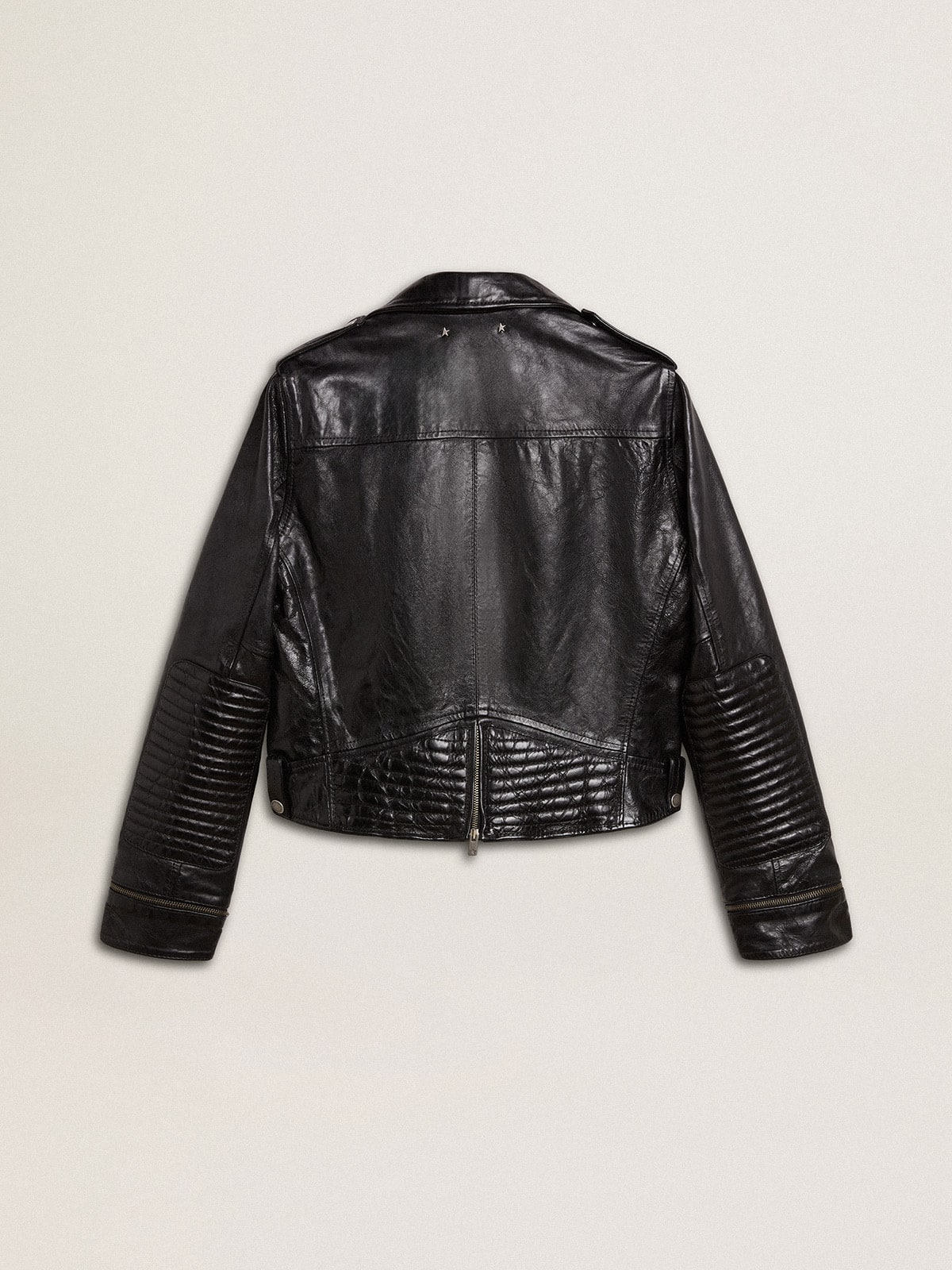 Women’s black leather biker jacket with glossy effect | Golden Goose
