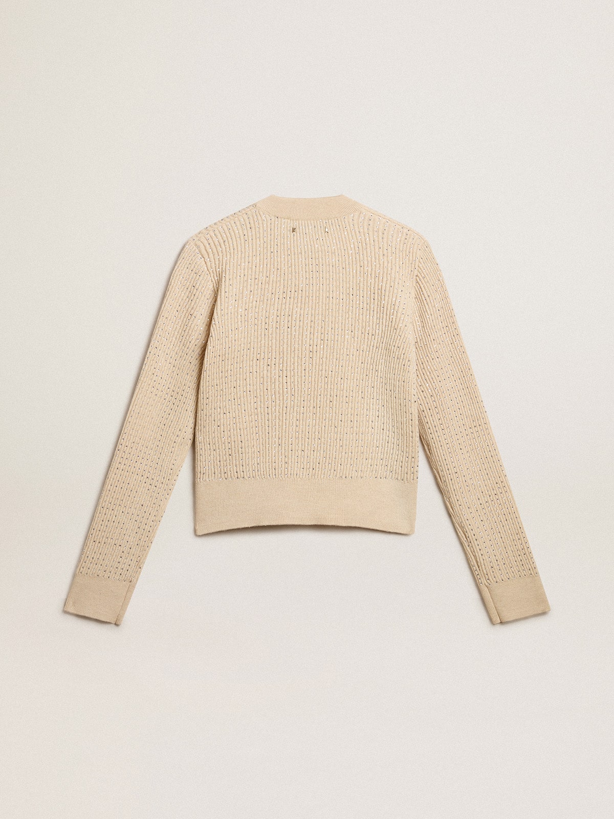 Cropped round-neck sweater in beige wool with all-over crystals | Golden Goose