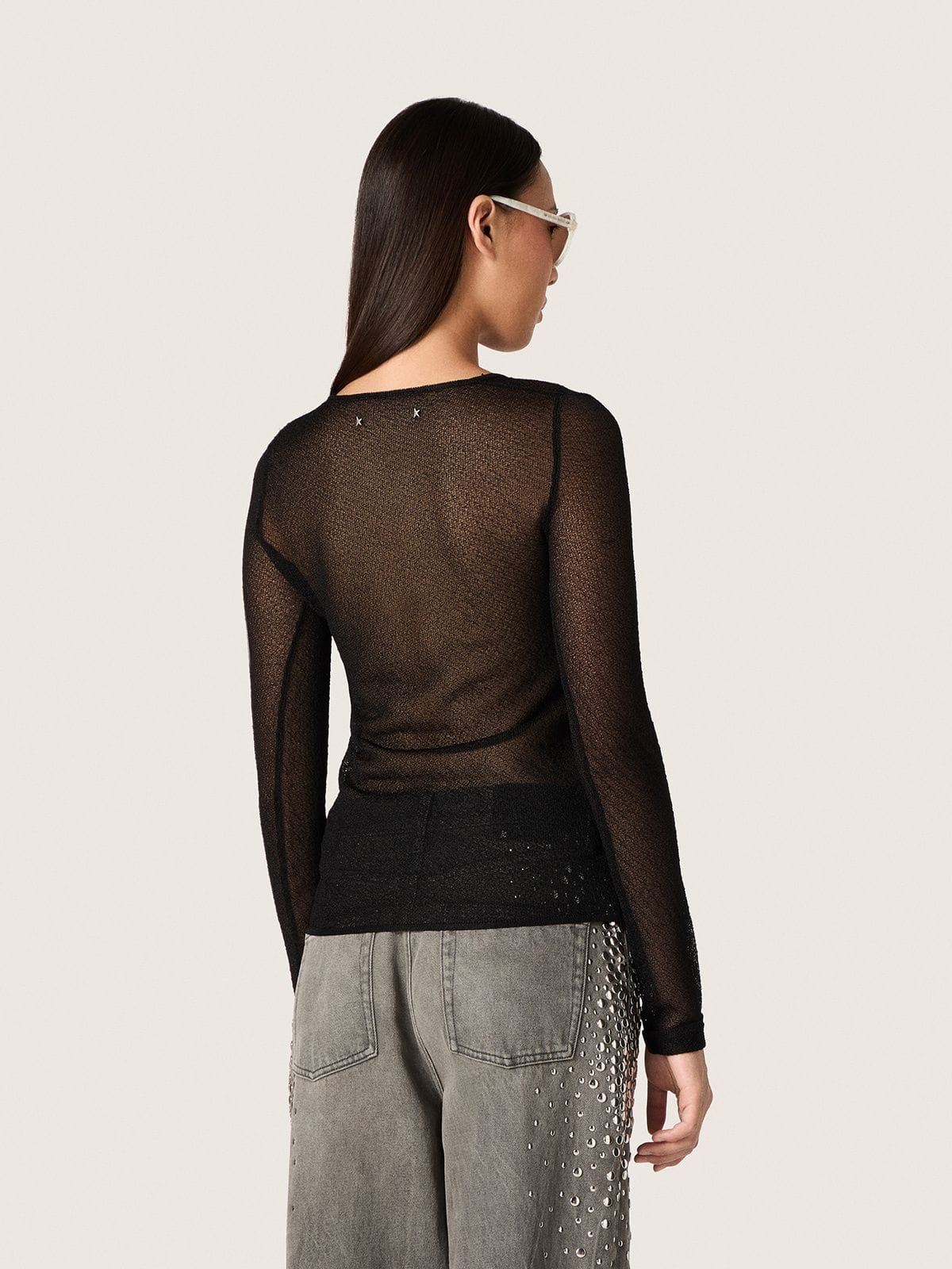 Women's crew-neck sweater with black floral jacquard pattern | Golden Goose