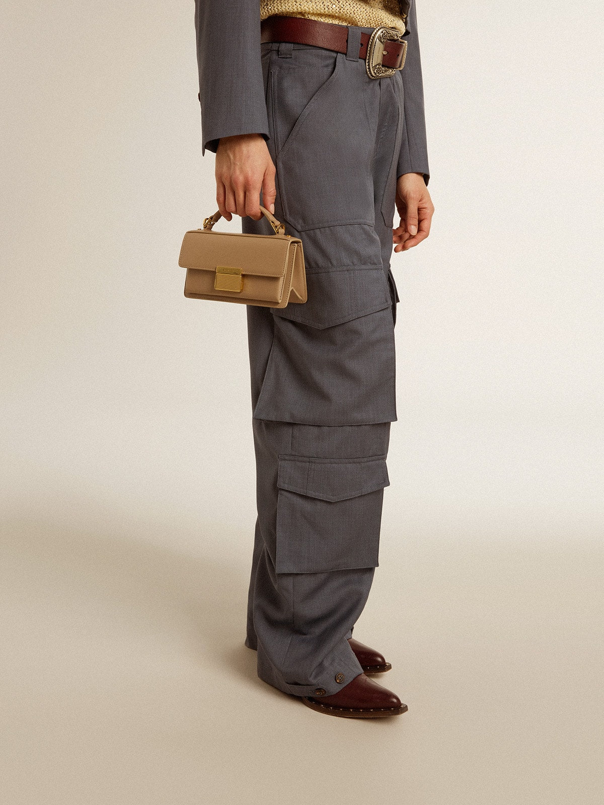 Small Venezia Bag in beige boarded leather with gold details | Golden Goose