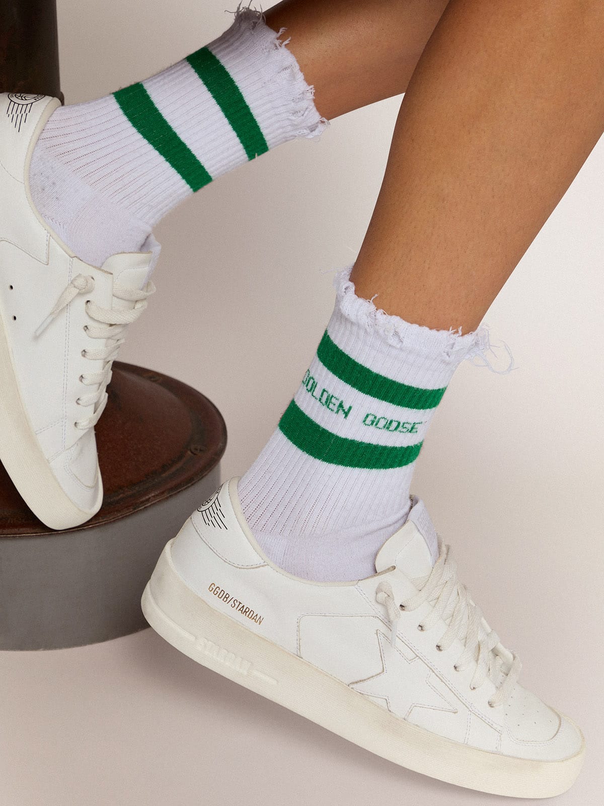 Cotton socks with distressed finishes, green stripes and logo | Golden Goose