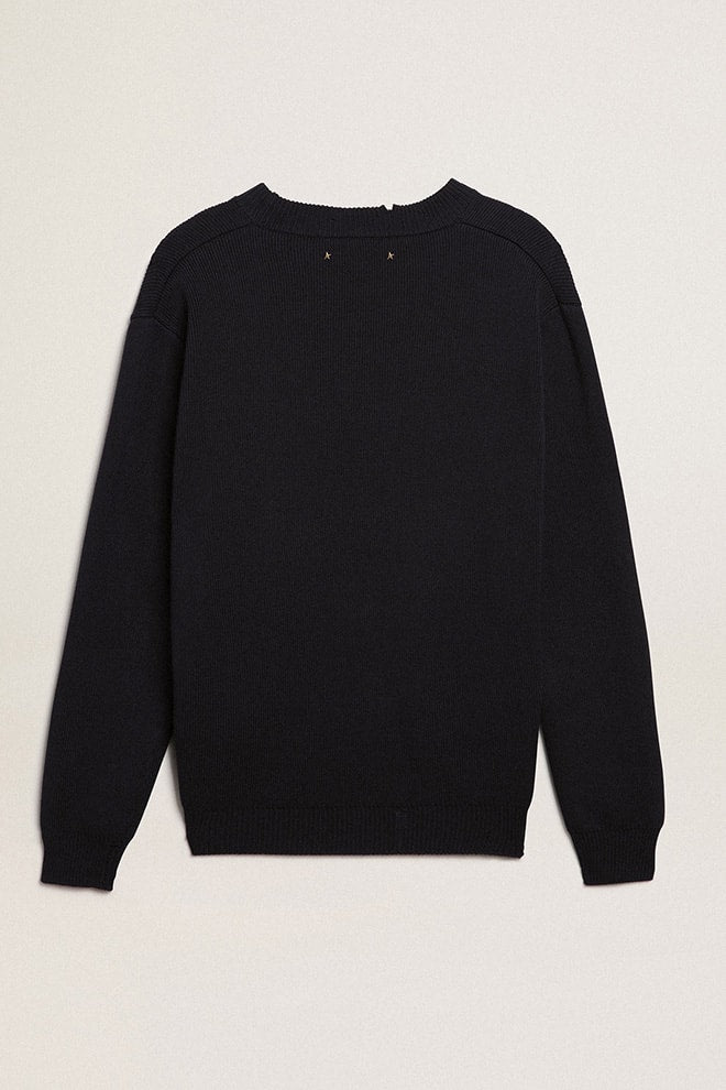 Men’s round-neck sweater in dark blue cotton | Golden Goose