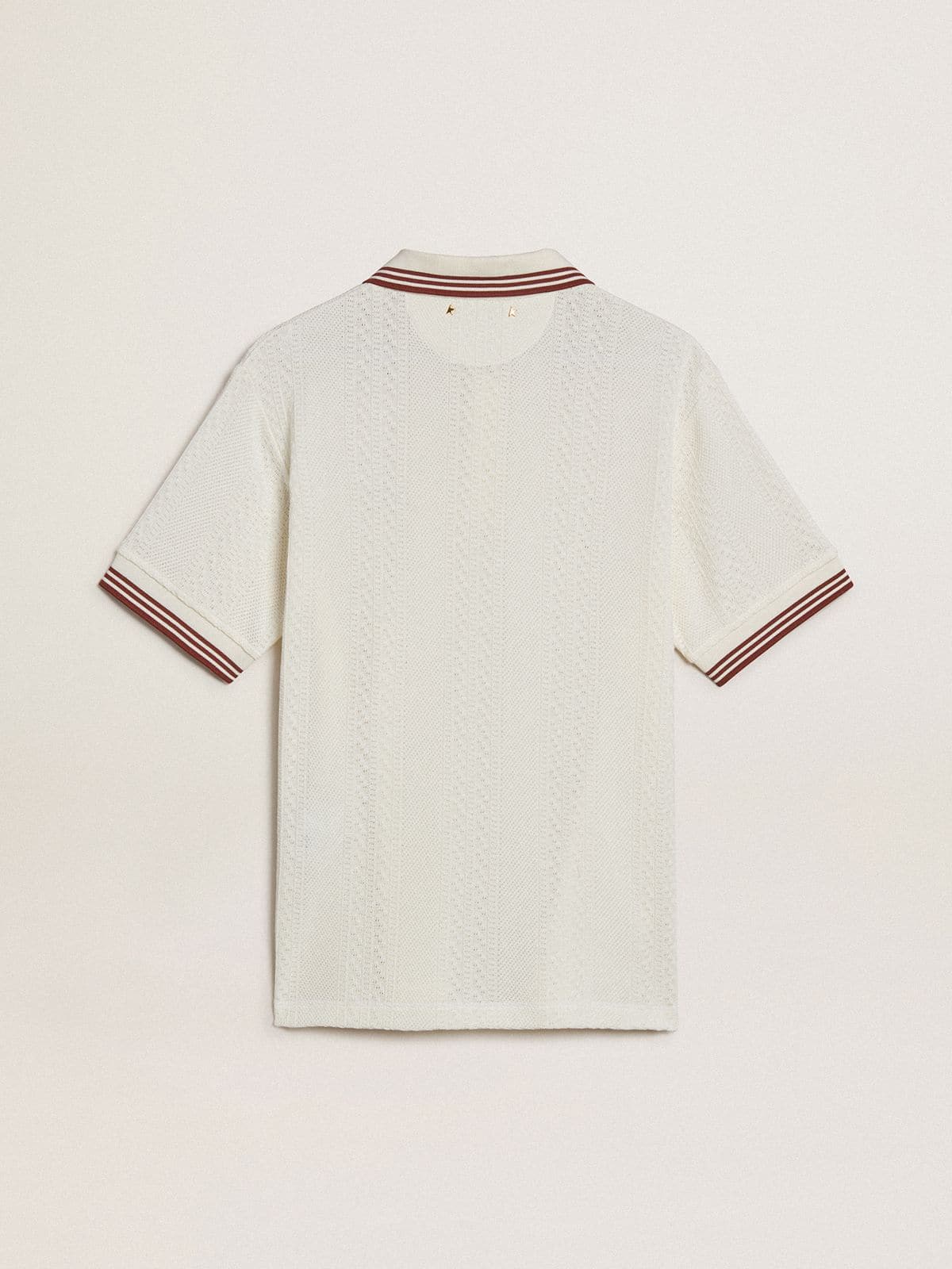 Men's polo shirt in white perforated knit with burgundy striped details | Golden Goose