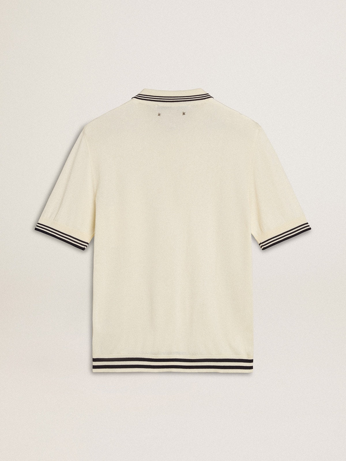 Men's worn-white knitted polo shirt with blue ribbing | Golden Goose
