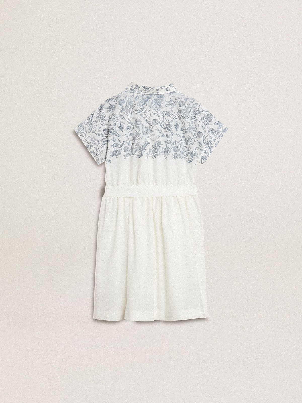 Girls’ shirt dress in white cotton canvas with a blue nautical print and white piping | Golden Goose