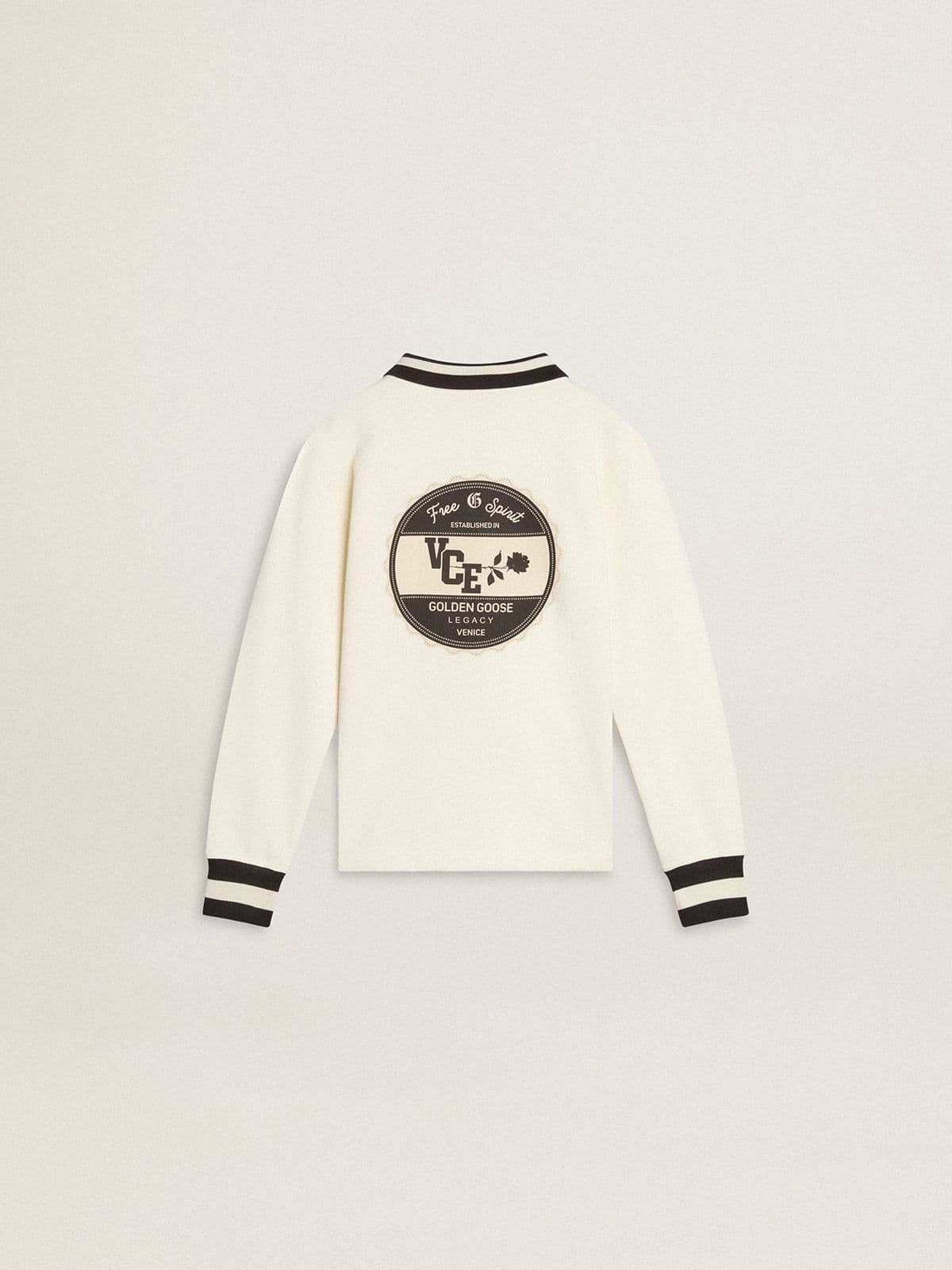 Kids white cotton polo sweatshirt with embroidery on the chest and print on the back | Golden Goose