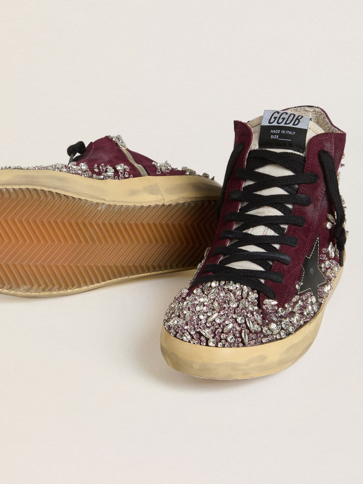 Women's Francy LAB in burgundy suede with glossy black leather star and rhinestones | Golden Goose