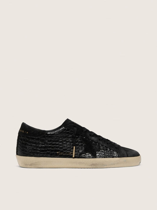 Women's Super-Star LTD in black croc-print leather with black suede star and heel tab | Golden Goose