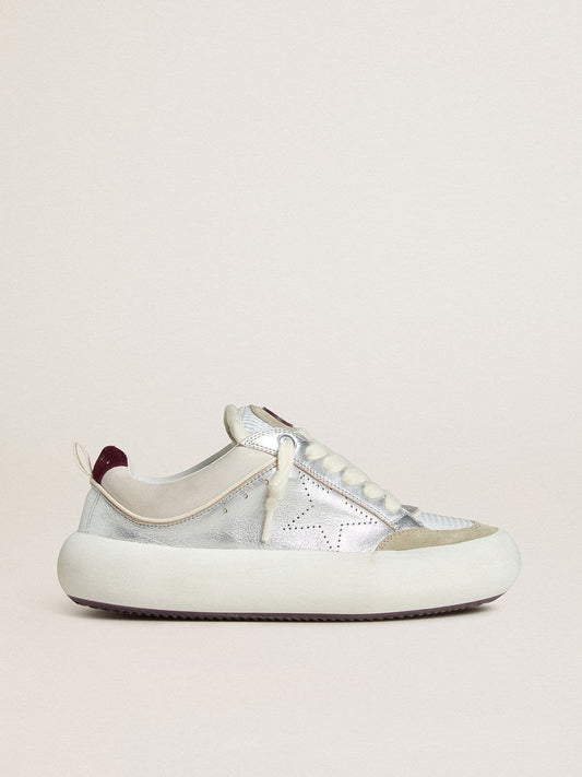 Women’s Space-Star Cube in ice-gray and silver leather with burgundy heel tab | Golden Goose