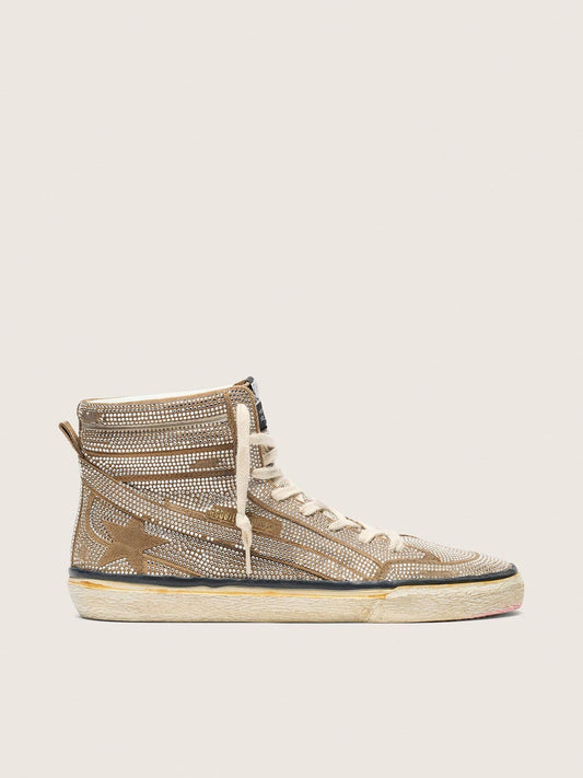Women's Slide LAB sneakers in tobacco-colored suede with crystals and tobacco-colored suede star | Golden Goose