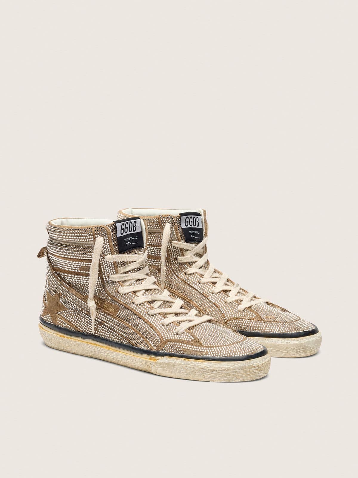 Women's Slide LAB sneakers in tobacco-colored suede with crystals and tobacco-colored suede star | Golden Goose