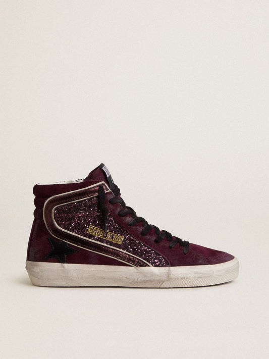 Women's Slide in black cherry glitter and suede with leather star and metallic leather flash | Golden Goose