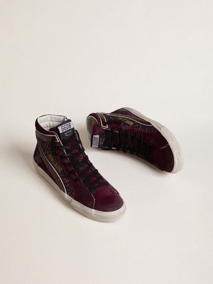 Women's Slide in black cherry glitter and suede with leather star and metallic leather flash | Golden Goose
