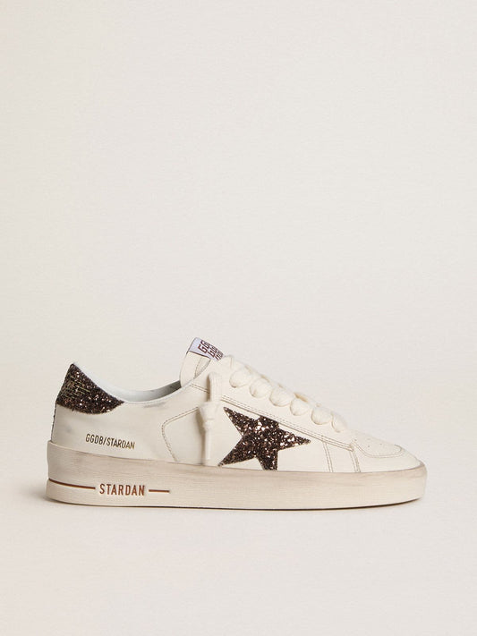 Women's Stardan in white leather with brown glitter star and heel tab | Golden Goose
