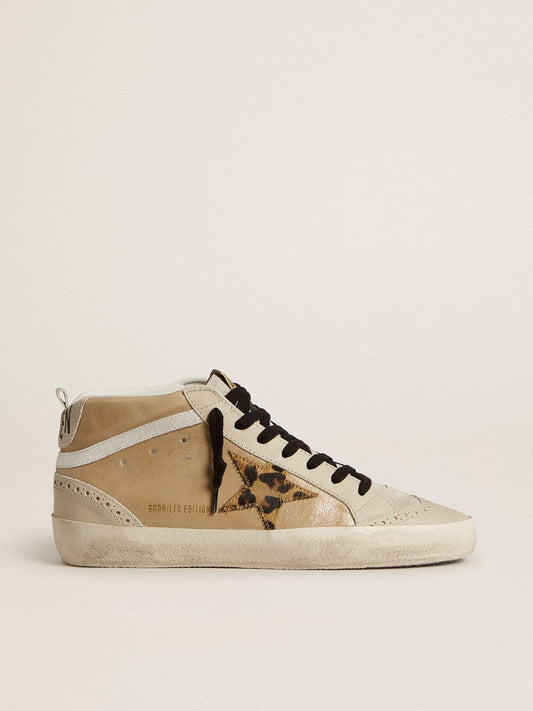 Women’s Mid Star in beige naplak leather with leopard-print pony skin star | Golden Goose