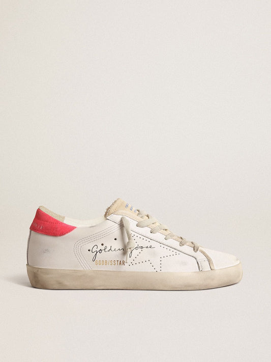 Women's white leather Super-Star with perforated star and fuchsia nylon heel tab | Golden Goose