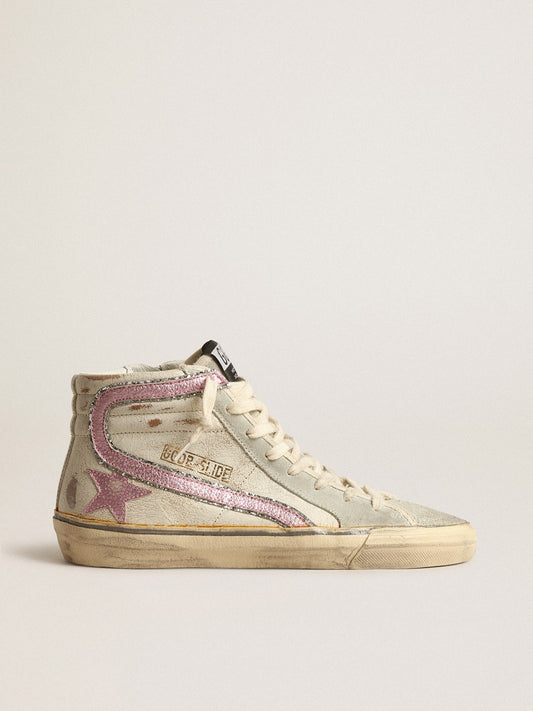 Slide  in beige with pink metallic leather star and flash | Golden Goose