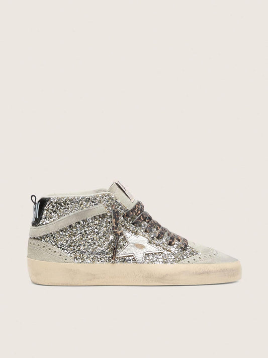 Mid Star  in silver glitter with silver metallic leather star | Golden Goose