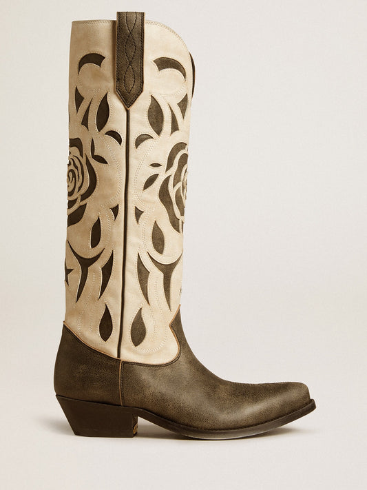 Wish Star boots in black and white leather with inlay rose and star | Golden Goose
