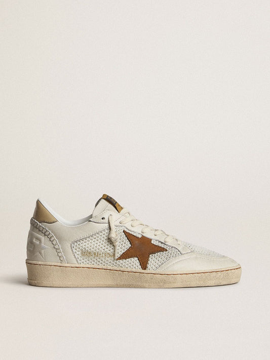 Women's Ball Star in white nappa and mesh with tobacco-colored nubuck star and beige heel tab | Golden Goose