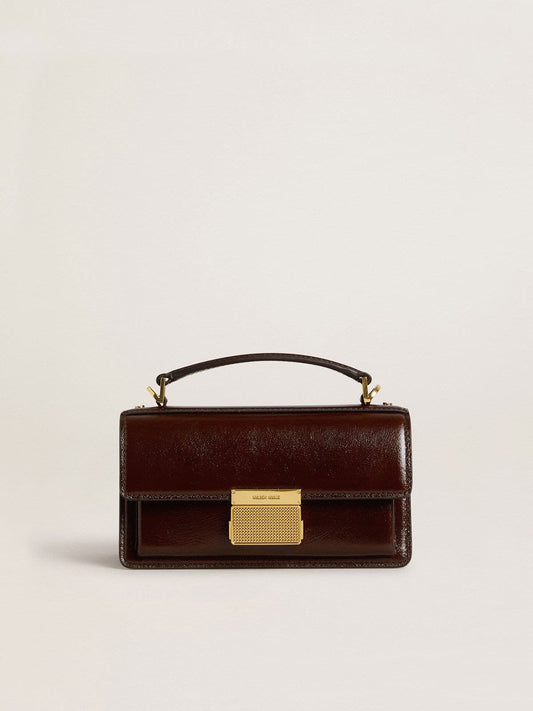 Small Venezia Bag in dark brown laminated leather with gold details | Golden Goose