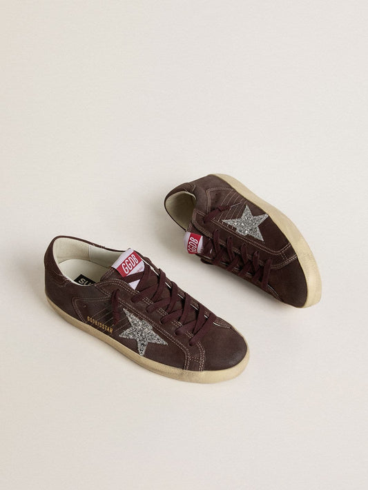 Women's Super-Star in brown suede with silver glitter star | Golden Goose