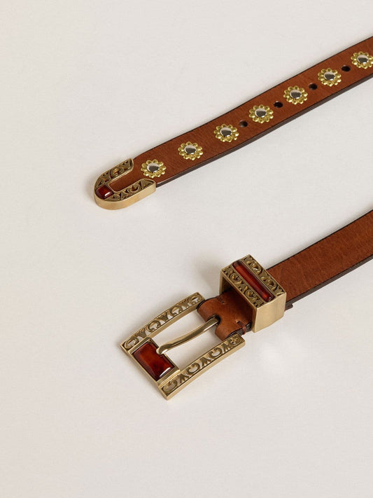 Brown leather belt with golden floral studs and amber inserts | Golden Goose