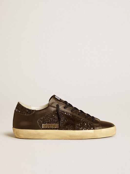 Women's Super-Star in black glitter with black suede star and leather inserts | Golden Goose