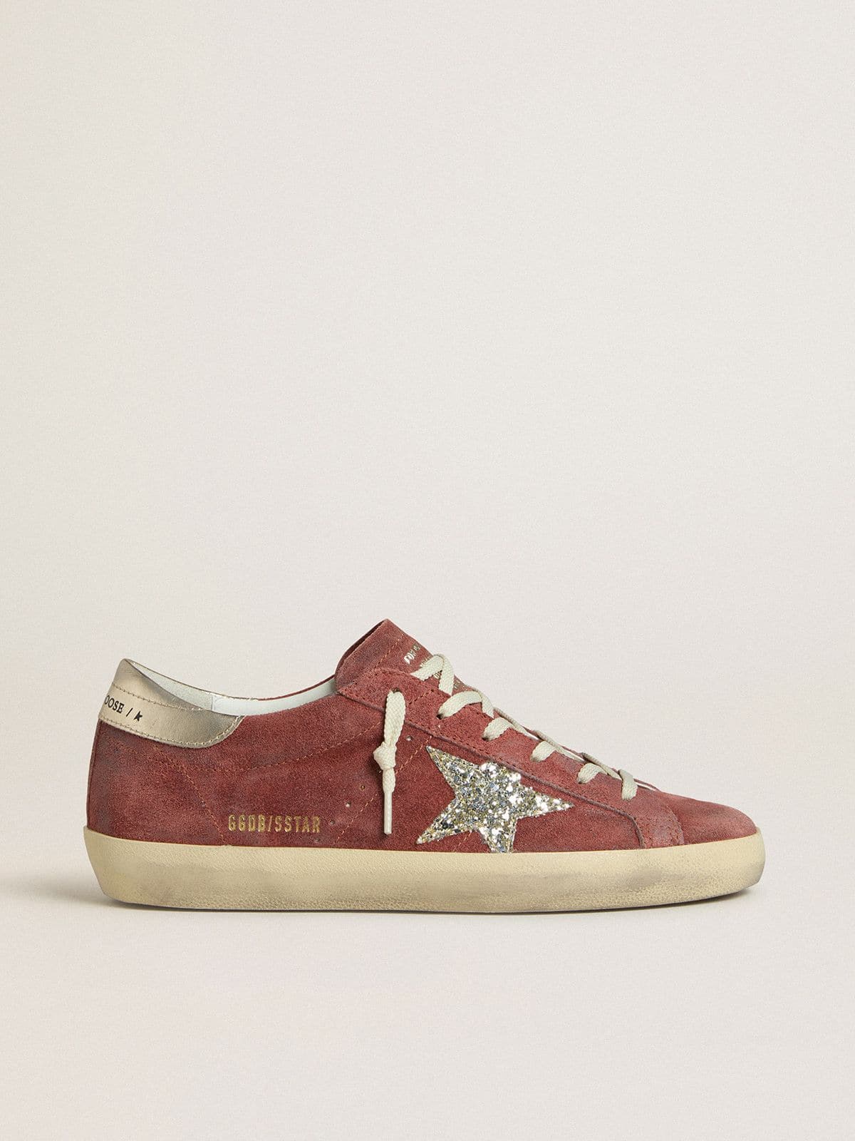 Women's Super-Star LTD in red suede with silver glitter star and laminated leather heel tab | Golden Goose