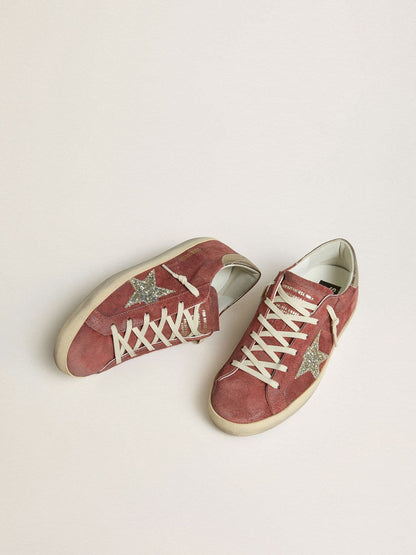 Women's Super-Star LTD in red suede with silver glitter star and laminated leather heel tab | Golden Goose