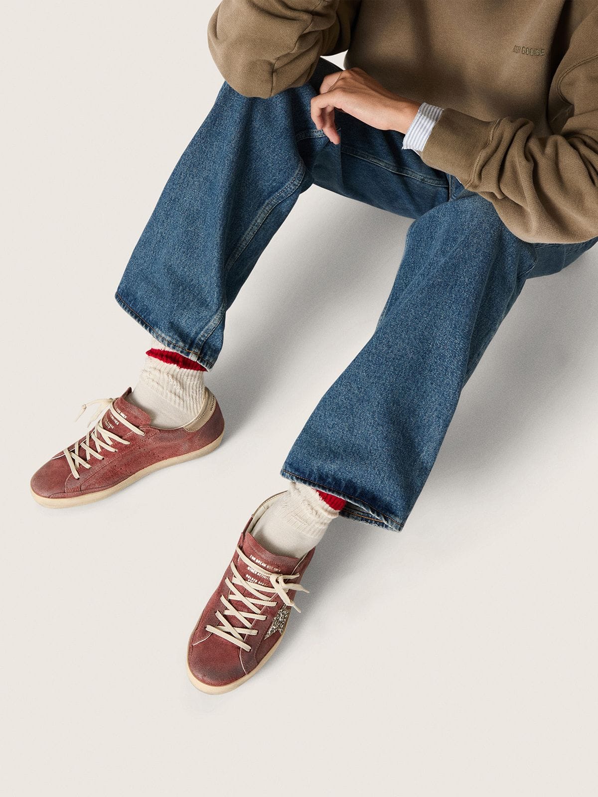 Women's Super-Star LTD in red suede with silver glitter star and laminated leather heel tab | Golden Goose