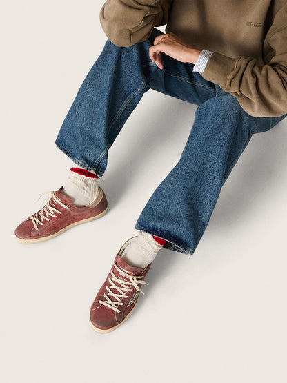 Women's Super-Star LTD in red suede with silver glitter star and laminated leather heel tab | Golden Goose