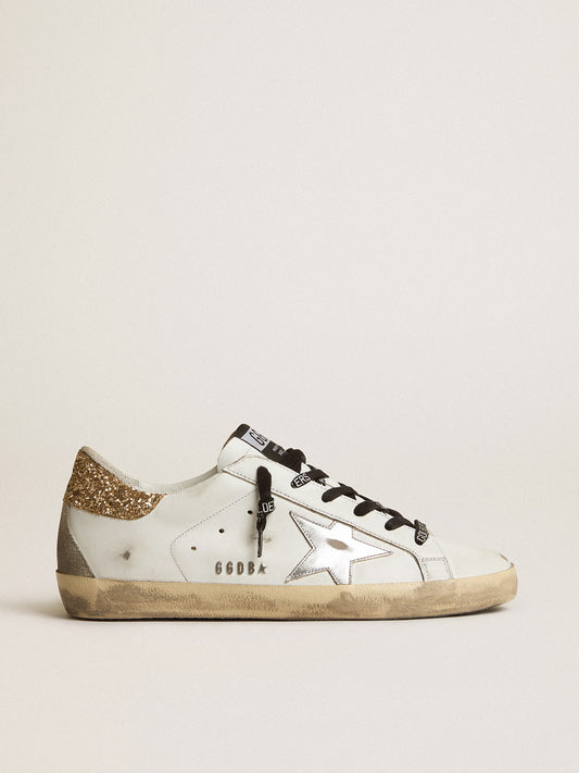 Women's white leather Super-Star with glittery heel tab | Golden Goose