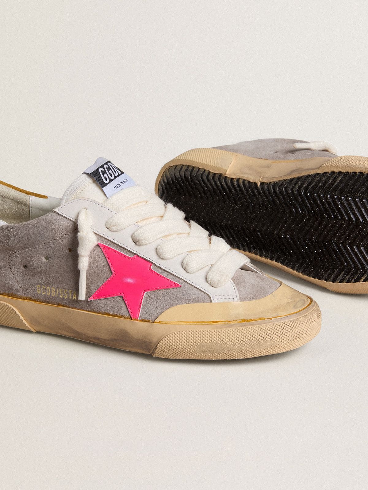 Women's Super-Star in dove-gray suede with fuchsia leather star and ocher suede heel tab | Golden Goose