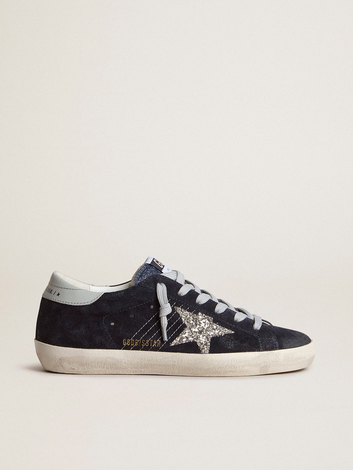 Women’s Super-Star in blue suede with silver glitter star and leather heel tab | Golden Goose