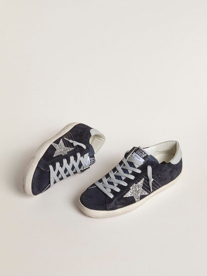 Women’s Super-Star in blue suede with silver glitter star and leather heel tab | Golden Goose