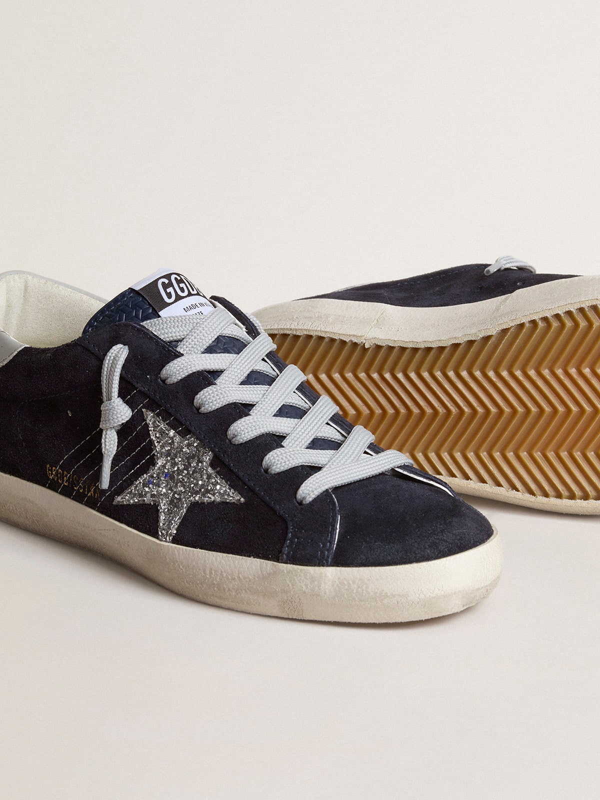 Women’s Super-Star in blue suede with silver glitter star and leather heel tab | Golden Goose