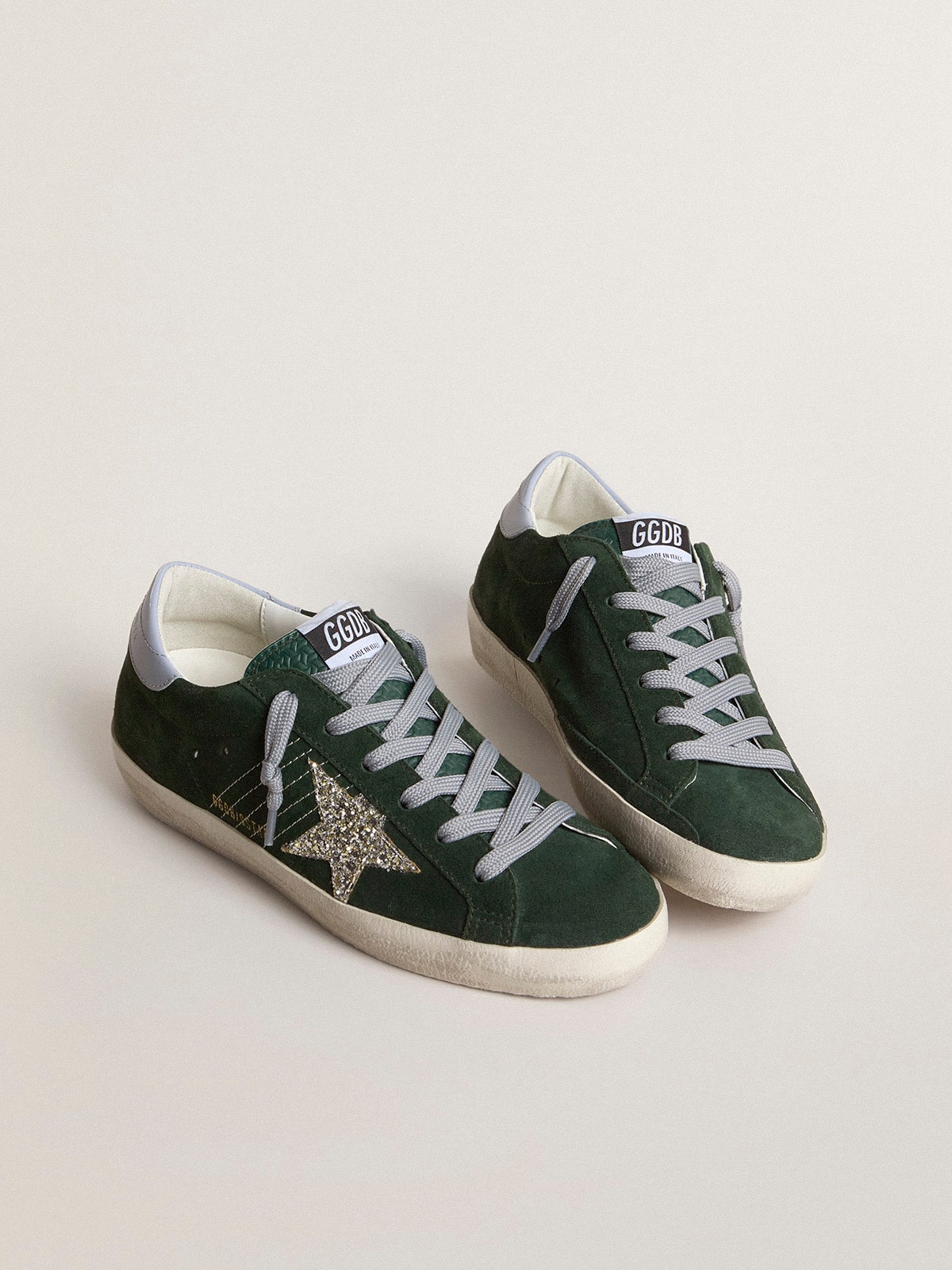 Women's Super-Star in green suede, silver glitter star and leather heel tab | Golden Goose