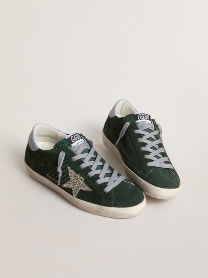 Women's Super-Star in green suede, silver glitter star and leather heel tab | Golden Goose