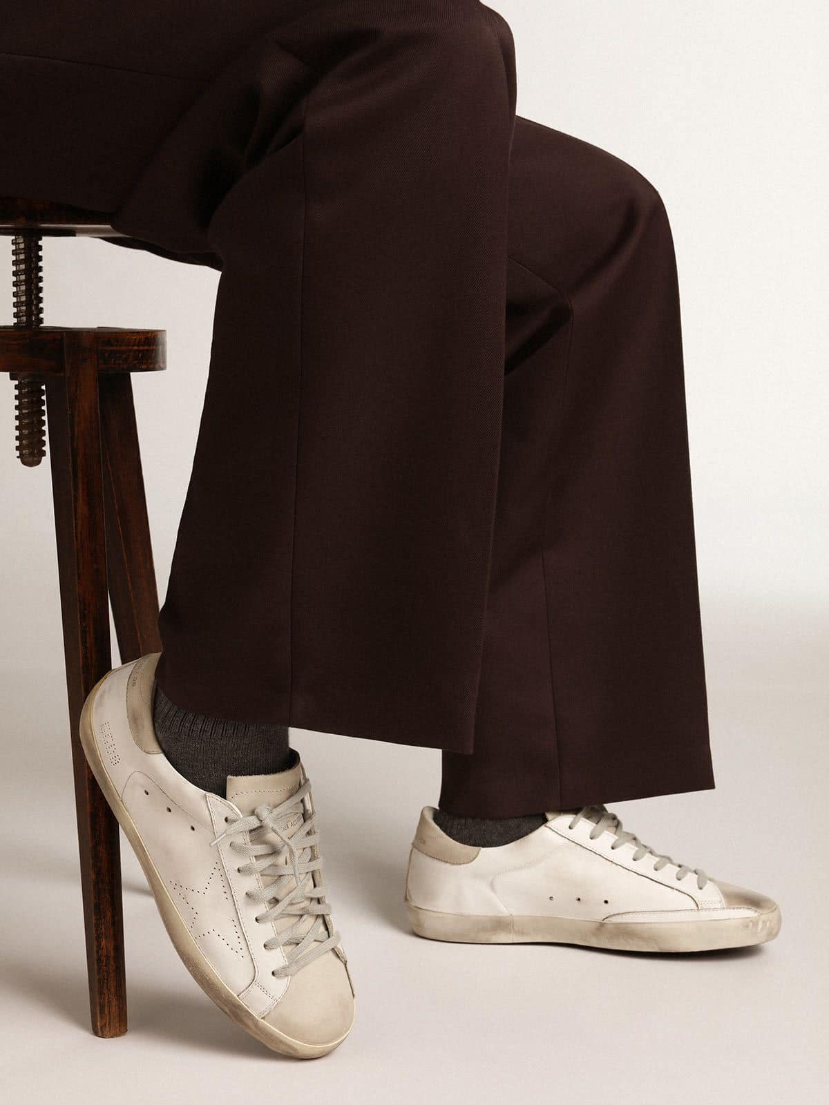 Women's Super-Star in white leather with perforated star and beige nubuck heel tab | Golden Goose