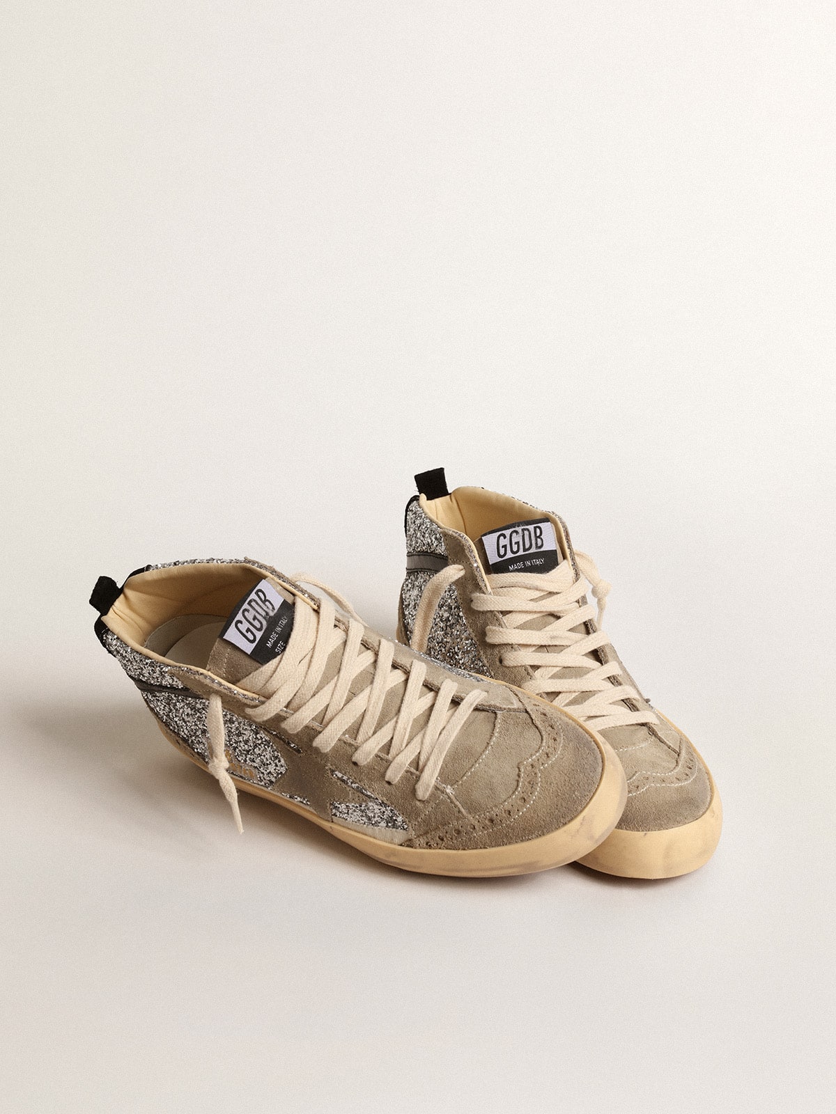 Mid Star in silver glitter with suede star and black flash | Golden Goose