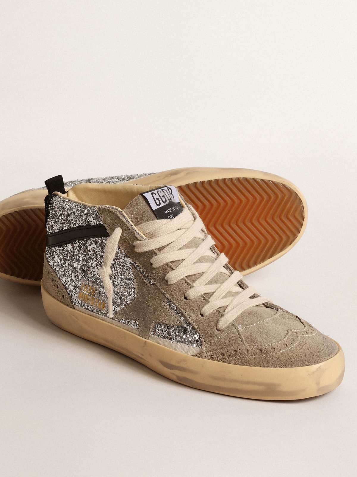 Mid Star in silver glitter with suede star and black flash | Golden Goose