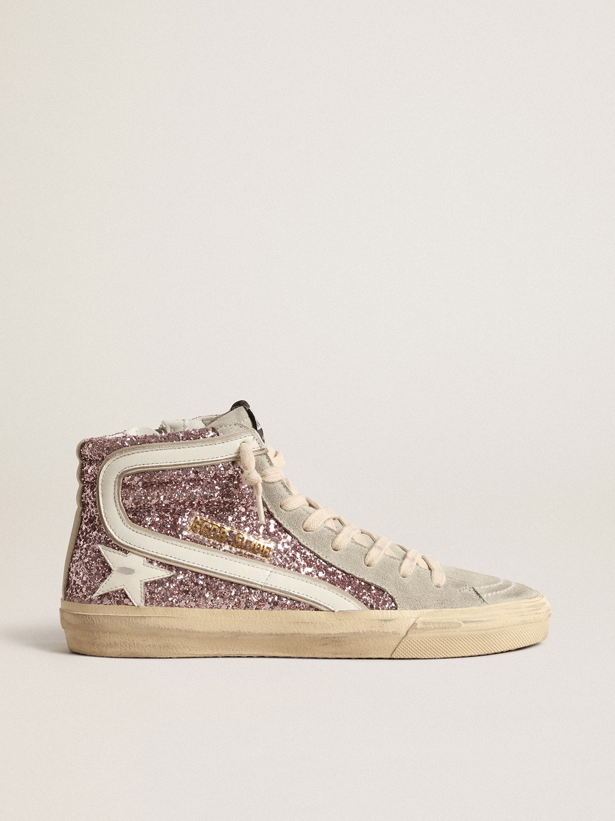 Slide in lilac glitter with white leather star and flash | Golden Goose